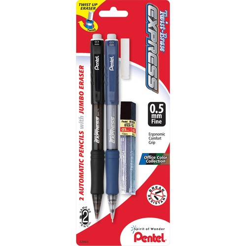 Pentel Twist-Erase Express Automatic Pencils - 0.5 mm Lead - #2 - Refillable - Assorted Barrel - 2 / Pack