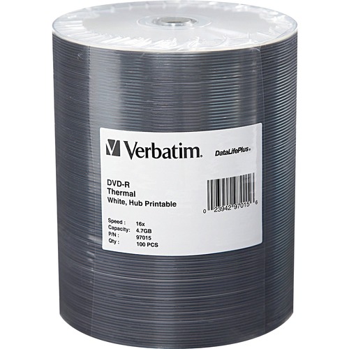 Verbatim DVD-R 4.7GB 16X DataLifePlus White Thermal Printable, Hub Printable - 100Pk Tape Wrap - Thermal Printable