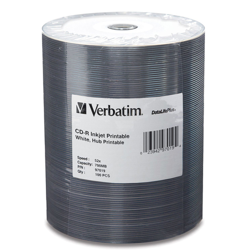 Verbatim CD-R 700MB 52X White Inkjet Printable, Hub Printable - 100pk Tape Wrap - 700MB - 120mm Standard - 100 Pack