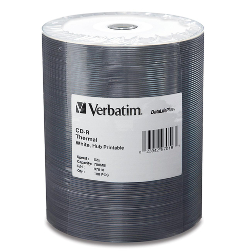 Verbatim CD-R 700MB 52X DataLifePlus White Thermal Printable, Hub Printable - 100pk Tape Wrap - 700MB - 120mm Standard - 100 Pack