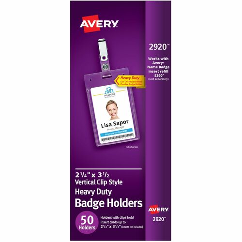 Avery® Heavy-Duty Secure Top Clip-Style Badge Holders - Support 2.25" x 3.50" Media - Portrait - 2.3" x 3.3" - Plastic - 50 / Box - Clear