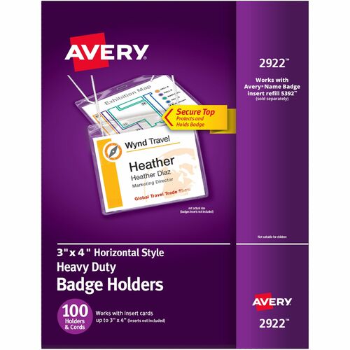 Avery® Heavy-Duty Clear Hanging Style Badge Holders - Support 3" x 4" Media - Horizontal - Plastic - 100 / Box - Clear