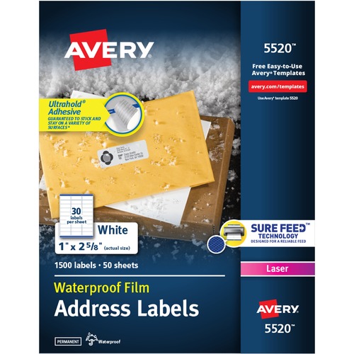 Avery® 1" x 2-5/8" Labels, Ultrahold, 1,500 Labels (5520) - Waterproof - 1" Width x 2 5/8" Length - Permanent Adhesive - Rectangle - Laser - White - Film - 30 / Sheet - 50 Total Sheets - 1500 Total Label(s) - 5 - Permanent Adhesive, Durable, Stick & S