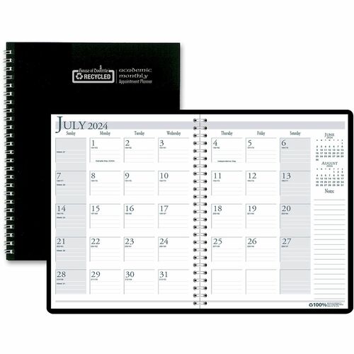 House of Doolittle Black Cover Academic Monthly Planner - Monthly - 14 Month - July 2024 - August 2025 - 1 Month Double Page Layout - 8 1/2" x 11" Sheet Size - 1.75" x 1.75" Block - 3-ring - Black Cover - 1 Each