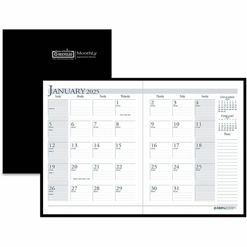 House of Doolittle Economy Stitched Cover Monthly Planner - Monthly - 14 Month - December 2023 - January 2025 - 1 Month Double Page Layout - 8 1/2" x 11" Sheet Size - 1.75" x 1.75" Block - Leatherette, Paper - Black CoverNotepad, Reference Calendar - 1 Ea