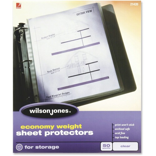 Wilson Jones Economy Weight Top-Loading Sheet Protectors - 2 mil Thickness - For Letter 8 1/2" x 11" Sheet - Ring Binder - Rectangular - Clear - Polypropylene - 50 / Box