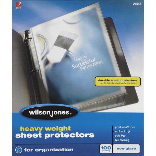Wilson Jones® Heavy Weight Top-Loading Sheet Protectors, Non-Glare, 100/Box - 3.3 mil Thickness - For Letter 8 1/2" x 11" Sheet - Ring Binder - Rectangular - Clear - Polypropylene - 100 / Box