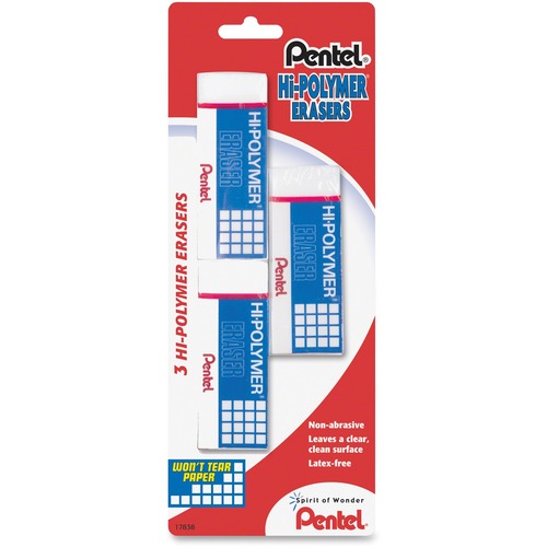 Pentel Hi-Polymer Eraser - White - Polyvinyl Chloride (PVC) - 3 / Pack - Tear Resistant, Scratch Resistant, Non-abrasive, Soft, Protective Sleeve, Crack Resistant