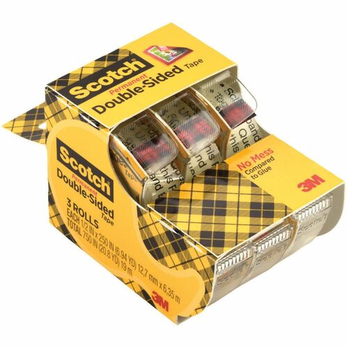 Scotch Double-Sided Tape - 20.83 ft Length x 0.50" Width - 1" Core - Dispenser Included - Handheld Dispenser - 3 / Pack - Clear