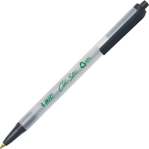 BIC Clic Stic Retractable Ball Pens - Medium Pen Point - Retractable - Black - Clear Barrel - 12 / Dozen