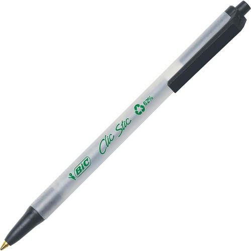 BIC Clic Stic Retractable Ball Pens - Medium Pen Point - Retractable - Black Ink - Clear Barrel - 1 Dozen