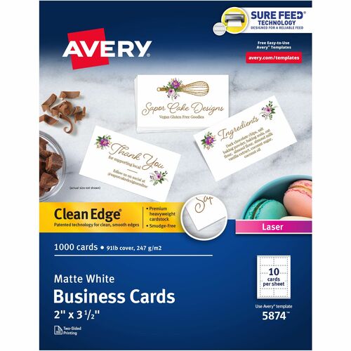 Avery Clean Edge Business Cards - 145 Brightness - A4 - 8 1/2" x 11" - 91 lb Basis Weight - 247 g/m² Grammage - Matte - 1000 / Box - 100 Sheets - Heavyweight, Rounded Corner, Smooth Edge, Jam-free, Smudge-free, Uncoated, Printable, Avery Clean Edge T