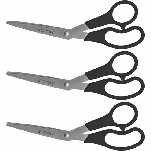 Westcott 8" All-purpose Bent Scissors - 3.50" Cutting Length - 8" Overall Length - Bent - Stainless Steel - Pointed Tip - Black - 3 / Pack