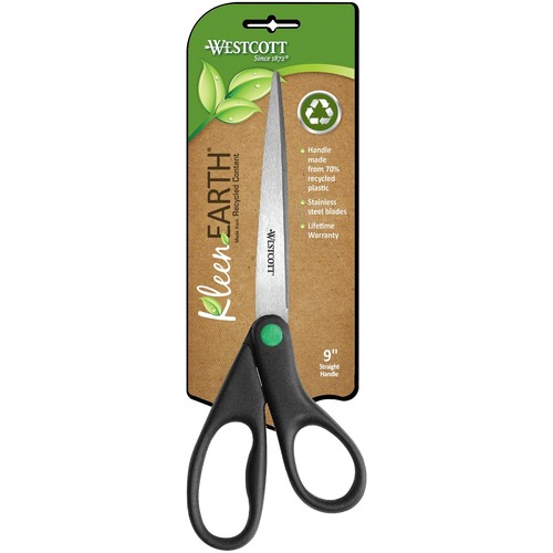 Westcott KleenEarth 9" Straight Scissors - 3.75" (95.25 mm) Cutting Length - 9" (228.60 mm) Overall Length - Straight-left/right - Stainless Steel - Pointed Tip - Black - 1 Each - Scissors - ACM13138