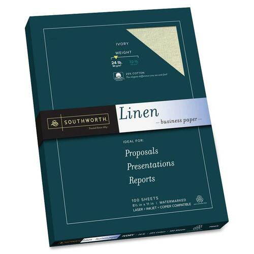 Southworth 25% Cotton Linen Business Paper - Letter - 8 1/2" x 11" - 24 lb Basis Weight - Linen - 100 / Box - Acid-free, Watermarked, Date-coded - Ivory
