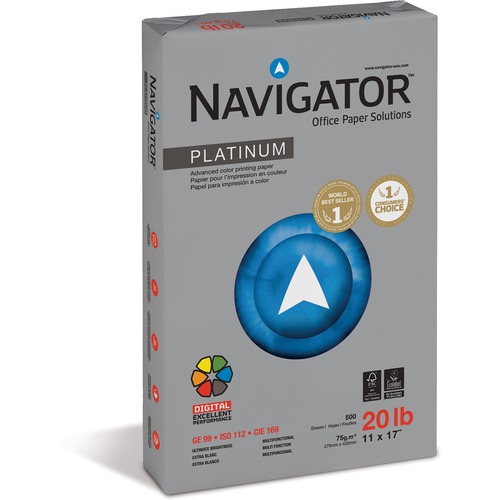 Navigator Platinum Superior Productivity Multipurpose Paper - Silky Touch - White - 99 Brightness - 93% Opacity - 11" x 17" - 20 lb Basis Weight - Smooth - 2500 / Carton - Jam-free, Chlorine-free - Bright White