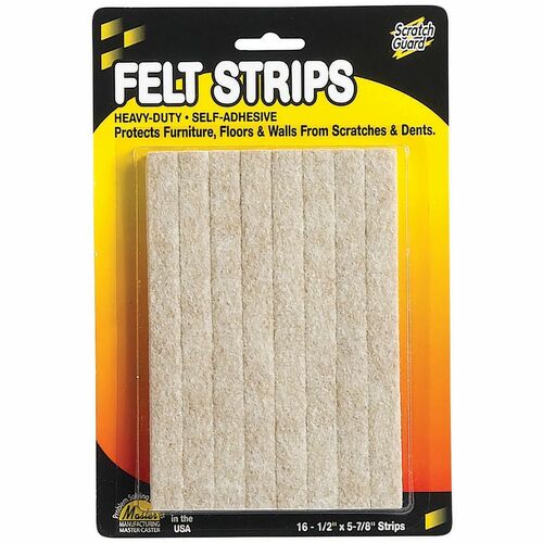 Scratch Guard Self-Adhesive Felt Strips - 16 Pad of 0.50" Length x 5.87" Width - Rectangle - Self-adhesive - Beige - Polyester Felt - 1/Pack