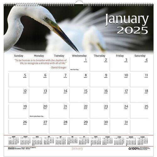 House of Doolittle Earthscapes Wildlife Wall Calendars - Julian Dates - Monthly - 1 Year - January 2024 - December 2024 - 1 Month Single Page Layout - 12" x 12" Sheet Size - 1.63" x 1.63" Block - Wire Bound - Paper - Hanging Loop - 1 Each