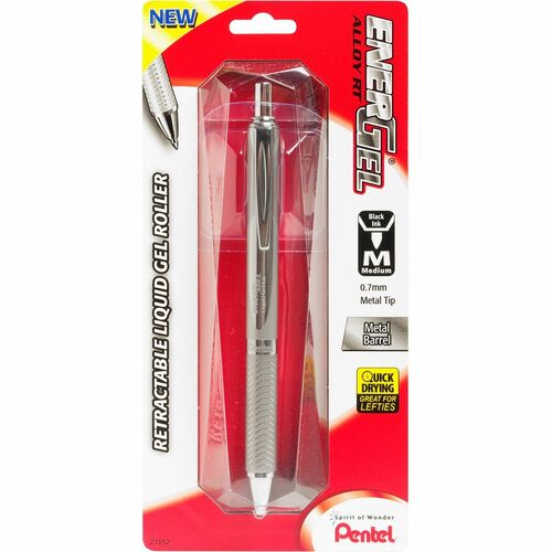 EnerGel EnerGel Alloy Retractable Gel Pens - Medium Pen Point - 0.7 mm Pen Point Size - Refillable - Retractable - Black Gel-based Ink - Metallic Silver Metal Barrel - Stainless Steel Tip - 1 / Pack