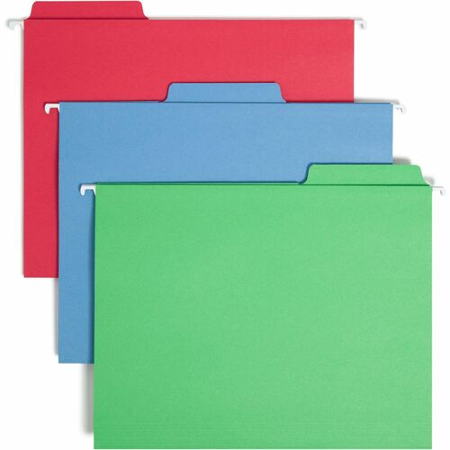 Smead FasTab 1/3 Tab Cut Letter Recycled Hanging Folder - 8 1/2" x 11" - Top Tab Location - Assorted Position Tab Position - Blue, Green, Red - 10% Recycled - 18 / Box