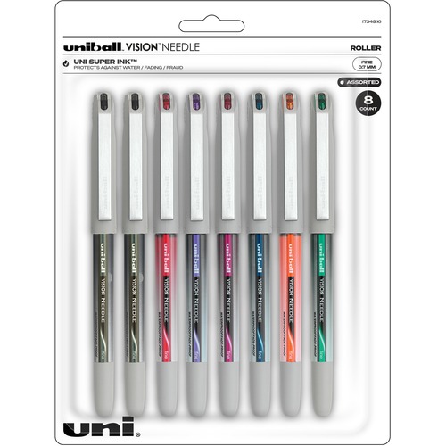 Uni-Ball Vision Needle Stick Rollerball Pen - Fine Pen Point - 0.7 mm Pen Point Size - Needle Pen Point Style - Blue, Black, Green, Orange, Pink, Purple, Red Liquid Ink - Silver Barrel - 8 / Pack