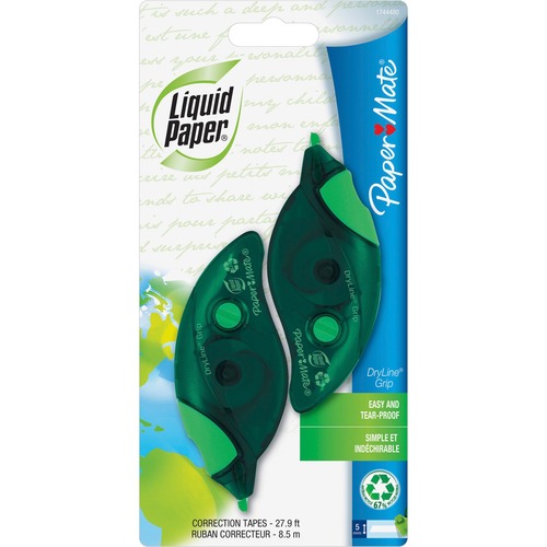 Paper Mate Recycled Correction Tape - 0.20" Width x 27.90 ft Length - 1 Line(s) - White Tape - Ergonomic - Non-refillable, Tear Resistant, Break Resistant - 2 / Pack - Green