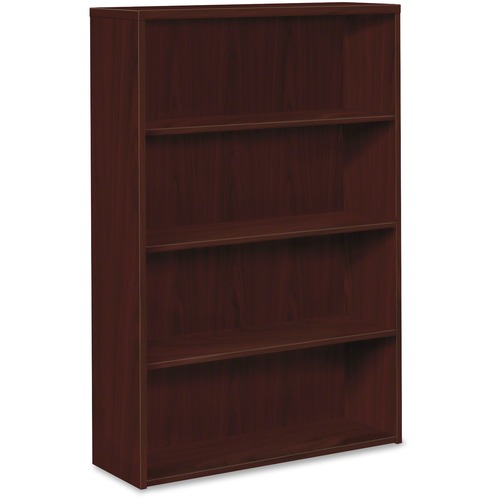 HON 10500 Series Mahogany Laminate Fixed Shelves Bookcase - 13.2" x 36"58" - 4 Shelve(s) - Material: Wood - Finish: Mahogany, Laminate - Scratch Resistant, Spill Resistant, Wear Resistant, Leveling Glide, Adjustable Leveler, Lockable Door, Grommet