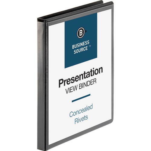 Business Source Standard View Round Ring Binder - 1/2" Binder Capacity - Letter - 8 1/2" x 11" Sheet Size - 125 Sheet Capacity - Round Ring Fastener(s) - 2 Internal Pocket(s) - Black - Concealed Rivet, Non Locking Mechanism, Clear Overlay, Sheet Lifter, N