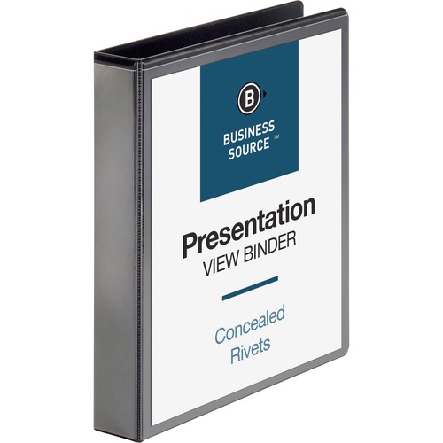 Business Source Round Ring Standard View Binders - 1 1/2" Binder Capacity - Letter - 8 1/2" x 11" Sheet Size - 350 Sheet Capacity - 3 x Ring Fastener(s) - 2 Internal Pocket(s) - Black - 226.8 g - Concealed Rivet, Non Locking Mechanism, Clear Overlay, Shee