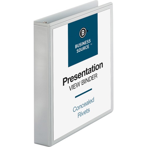 Business Source Round Ring Standard View Binders - 1 1/2" Binder Capacity - Letter - 8 1/2" x 11" Sheet Size - 350 Sheet Capacity - 3 x Ring Fastener(s) - 2 Internal Pocket(s) - White - 226.8 g - Concealed Rivet, Non Locking Mechanism, Clear Overlay, Shee