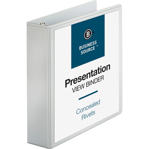 Business Source Round Ring Standard View Binders - 2" Binder Capacity - Letter - 8 1/2" x 11" Sheet Size - 475 Sheet Capacity - 3 x Ring Fastener(s) - 2 Internal Pocket(s) - White - 1 lb - Concealed Rivet, Non Locking Mechanism, Clear Overlay, Sheet Lifte