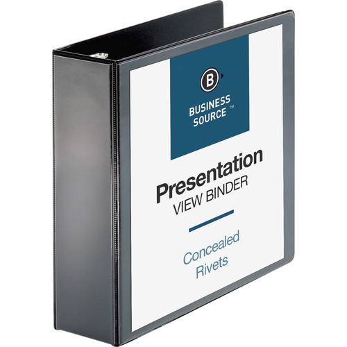 Business Source Round Ring Standard View Binders - 3" Binder Capacity - Letter - 8 1/2" x 11" Sheet Size - 625 Sheet Capacity - Ring Fastener(s) - 2 Internal Pocket(s) - Black - 1.50 lb - Concealed Rivet, Non Locking Mechanism, Clear Overlay, Sheet Lifter