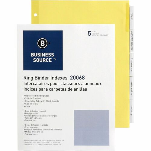 Business Source Buff Stock Ring Binder Indexes - 5 x Divider(s) - Blank Tab(s) - 5 Tab(s)/Set2" Tab Width - 8.5" Divider Width x 11" Divider Length - Letter - 3 Hole Punched - Buff Buff Paper Divider - Clear Tab(s) - Tear Resistant, Reinforced Edges, Punc