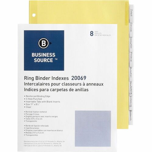 Business Source Buff Stock Ring Binder Indexes - 8 x Divider(s) - 8 Tab(s)/Set1.25" Tab Width - 8.50" Divider Width x 11" Divider Length - Letter - 3 Hole Punched - Clear Buff Paper Divider - Clear Tab(s) - 8 / Set - Insertable Tab Index Dividers - BSN20069