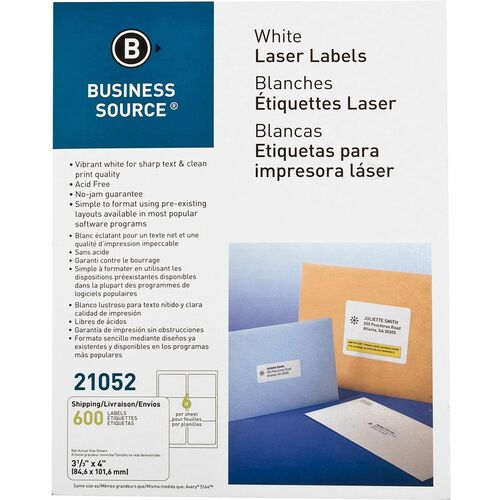 Business Source Bright White Premium-quality Address Labels - 3 1/3" x 4" Length - Permanent Adhesive - Rectangle - Laser, Inkjet - White - 6 / Sheet - 100 Total Sheets - 600 / Pack - Jam-free = BSN21052