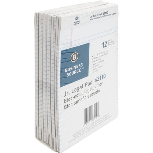 Business Source Writing Pads - 50 Sheets - 0.28" Ruled - 16 lb Basis Weight - Jr.Legal - 8" x 5" - White Paper - Micro Perforated, Easy Tear, Sturdy Back - 1 Dozen