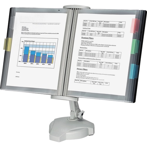 Fellowes Desktop Reference Rack - Desktop - 10 Panels - Support Letter 8.50" x 11" Media - Adjustable Viewing Angle, Adjustable Height, Weighted Base, Tabbed, Adjustable Copy Holder - Platinum - Plastic - 18.6" Height x 21.1" Width x 7.1" Depth - 1 Each