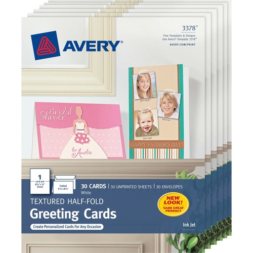 Avery® Half-Fold Greeting Cards, Textured, Uncoated, 5-1/2" x 8-1/2" , 30 Cards (3378) - 5 1/2" x 8 1/2" - Textured - 6 / Carton - Uncoated, Heavyweight - White