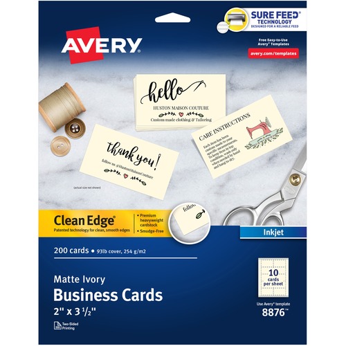 Avery® Clean Edge Business Cards, 2" x 3.5" , Ivory, 200 (08876) - 90 Brightness - 2" x 3 1/2" - 93 lb Basis Weight - 254 g/m² Grammage - Matte - 200 / Pack - 1000 Sheets - Heavyweight, Perforated, Smooth Edge, Double-sided, Double-sided, Smudge-