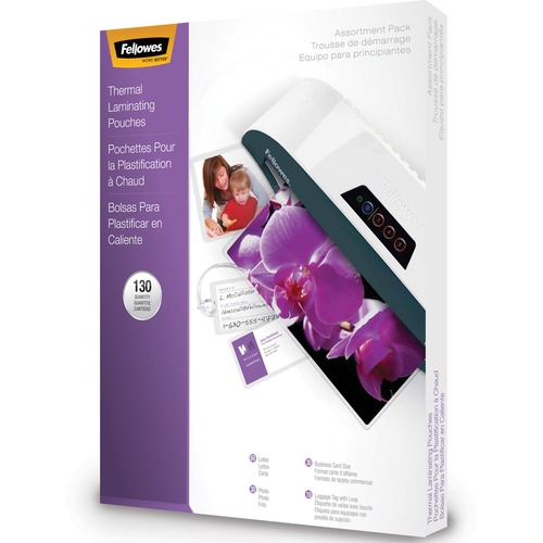 Fellowes Laminating Pouch Starter Kit, 130 pack - Laminating Pouch/Sheet Size: 9" Width x 3 mil Thickness - Type G - Glossy - for Photo, Document, Business Card, Luggage Tag, Letter - Durable - Clear - 130 / Pack - Laminating Supplies - FEL5208502