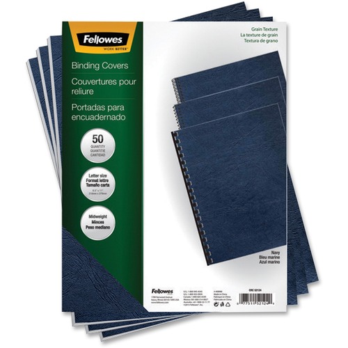Fellowes Expressions™ Grain Presentation Covers - Letter, Navy, 50 pack - 11" Height x 8.5" Width x 0.1" Depth - For Letter 8 1/2" x 11" Sheet - Rectangular - Navy - Leather - 50 / Pack