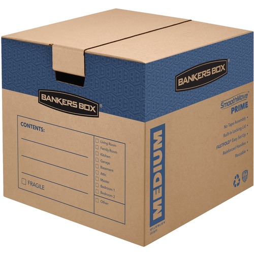 SmoothMove™ Prime Moving Boxes, Medium - Internal Dimensions: 18" Width x 18" Depth x 16" Height - External Dimensions: 18.1" Width x 18.8" Depth x 16.6" Height - Lid Lock Closure - Medium Duty - Cardboard - Kraft - Recycled - 8 / Carton