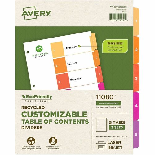 Avery EcoFriendly Recycled Dividers, 5 Tabs (3 Sets of 11080) - 15 x Divider(s) - 15 Tab(s) - Digit - 1-5, Table of Contents - 5 Tab(s)/Set - 8.5" Divider Width x 11" Divider Length - 3 Hole Punched - White Paper Divider - Multicolor Paper Tab(s) - 100% R