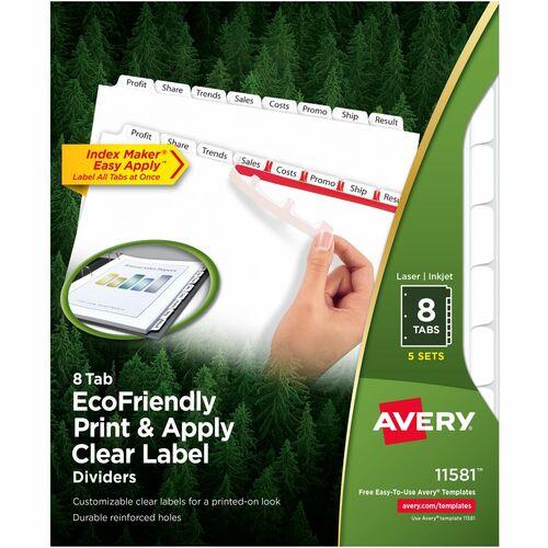 Avery Index Maker Index Divider - 40 x Divider(s) - Print-on Tab(s) - 8 - 8 Tab(s)/Set - 8.5" Divider Width x 11" Divider Length - 3 Hole Punched - White Paper Divider - White Paper Tab(s) - Recycled - Durable, Double-sided, Reinforced Tab, Tear Resistant