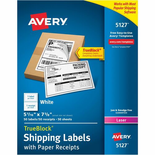 Avery® Shipping Labels with Receipt, 5-1/16" x 7-5/8" , 50 Labels (5127) - 7 5/8" Length - Permanent Adhesive - Rectangle - Laser - White - Paper - 1 / Sheet - 50 Total Sheets - 50 Total Label(s) - 5 - Permanent Adhesive, Smudge-free, Jam-free