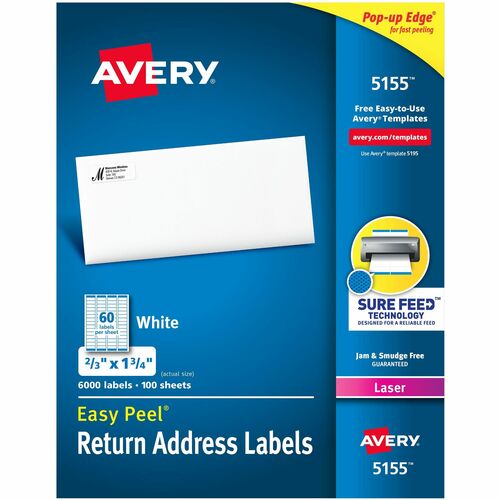 Avery® Easy Peel Mailing Laser Labels - 21/32" Width x 1 3/4" Length - Permanent Adhesive - Rectangle - Laser - White - Paper - 60 / Sheet - 100 Total Sheets - 6000 Total Label(s) - 6000 / Box