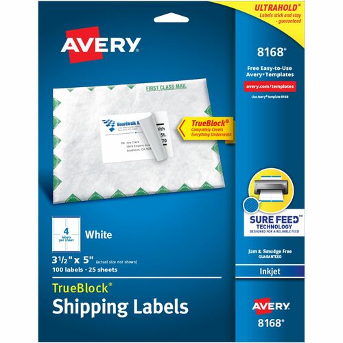 Avery® Shipping Labels, Sure Feed, 3-1/2" x 5" , 100 Labels (8168) - 3 1/2" Width x 5" Length - Permanent Adhesive - Rectangle - Inkjet - White - Paper - 4 / Sheet - 25 Total Sheets - 100 Total Label(s) - 5 - Permanent Adhesive, Jam Resistant, Customi