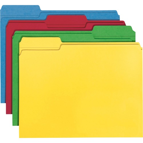 Smead 1/3 Tab Cut Letter Recycled Top Tab File Folder - 8 1/2" x 11" - Top Tab Location - Assorted Tab Position - 11 pt. - 2 Plys - Yellow, Green, Red, Blue - Acid-free, Reinforced Tab - 100% Recycled - 100 / Box