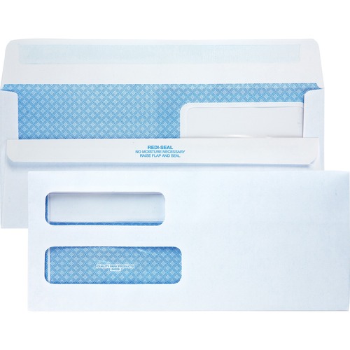 Double Window Redi-Seal Envelopes - Security - #10 - 9 1/2" W x 4 1/8" L - 24 lb - Gummed - Wove - 500 / Box - White - Business Envelopes - QUA24559