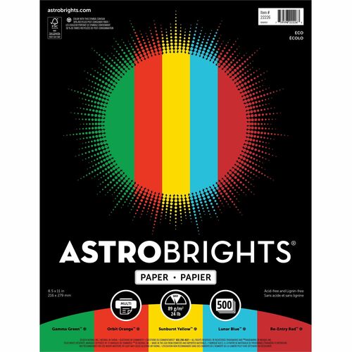 Astrobrights Color Paper - Assorted - Letter - 8 1/2" x 11" - 24 lb Basis Weight - 500 / Ream - Green Seal - Acid-free, Lignin-free - Gamma Green, Re-entry Red, Orbit Orange, Sunburst Yellow